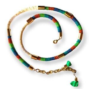 Beaded canvas and gold tone necklace / waist chain